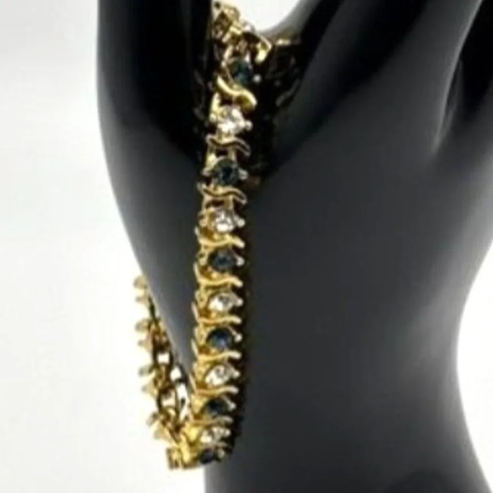 Vintage Gold Tone Metal and Faux Sapphire Faux Diamond Tennis Style Bracelet 80s - Picture 5 of 13